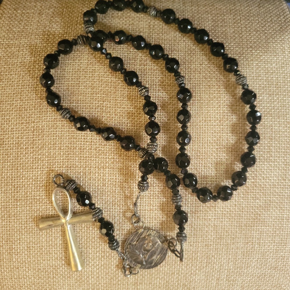 Black Faceted Glass Bead Rosary Necklace with Silver Ankh Pendant Size 28" Goth